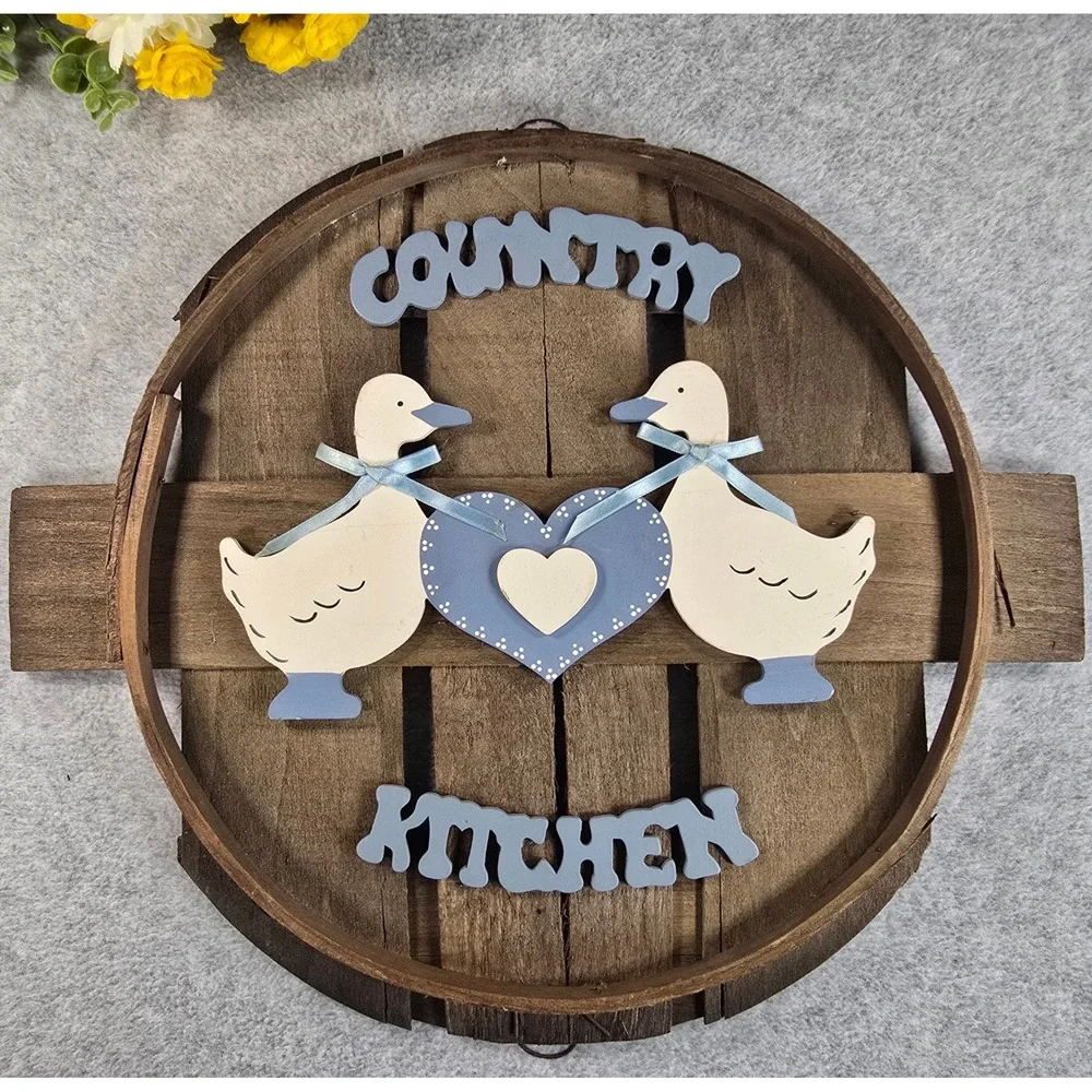 Vintage 90s Wall Decor Blue Country Kitchen Goose Heart Wood Rustic Cottagecore